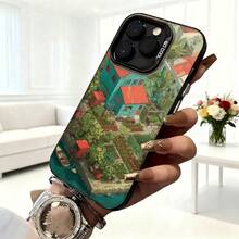 Cubierta de telefono con diseño de paisaje urbano verde y casas coloridas para iPhone 14 Pro Max en tonos verdes y rojos ideal para uso diario en cafeterias y espacios urbanos - Negro - Ver 6