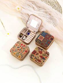 1/5pcs, Mini Pu Leather Vintage Printed Jewelry Box With Mirror, Can Accommodate Earrings, Rings, Necklaces, Travel Storage Box, Jewelry Earrings, Elegant Style Printed Jewelry Box, Multi-Function Jewelry Storage Box, Zipper Convenient Jewelry Bag, Exquisite Cosmetics And Lipstick Storage Bag, Mother's Day Gift, Girls Gift, Handbag Storage,Room Decor - Multicolor - View 4
