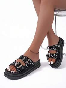 1 par de sandalias de verano con suela gruesa, cómodas y con hebillas dobles y remaches, de punta abierta y fácil de poner - Negro - Ver 3