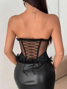 Polka Dot Party Item, Lightweight Sheer Lace Sexy Semi-Transparent Boned Tight Camisole Camisole Corset For Women - Black - View 4