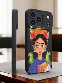 1 pieza Funda de teléfono con diseño de FridaKahlo con flores y loros, estilo artístico mexicano ideal para celebraciones festivas, moda urbana creativa, protección elevada para lente con diseño de ojo, resistente a golpes, compatible con iPhone17 ProMax/16/15/14/13/12/11/Plus/Pro/ProMax, compatible con Galaxy A34/A35/A54/A55, Galaxy S20/S21/S22/S23/S24/S25 Ultra/Plus, compatible con Galaxy/Redmi/Honor/OPPO/ViVo - Negro - Ver 6