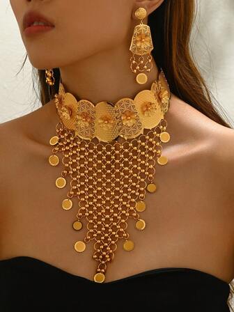 3 st Lyxiga Mellanösternstil Solros Tofs Halsband & örhängen Smyckesset, lämplig för kvinnor Eid Al-Fitr semester, överdriven bröllopsfest