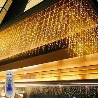 1 pieza Luces de Carámbano LED, Luces de Cortina de Hadas Parpadeantes USB, 96 Luces de Cortina de Carámbano LED, 8 Modos, Iluminación Ambiental para Decoración de Dormitorio, Adecuado para Interiores/Exteriores, Aleros, Bodas, Día de San Valentín, Días Festivos, Decoración Navideña, Regalo Cálido para Navidad