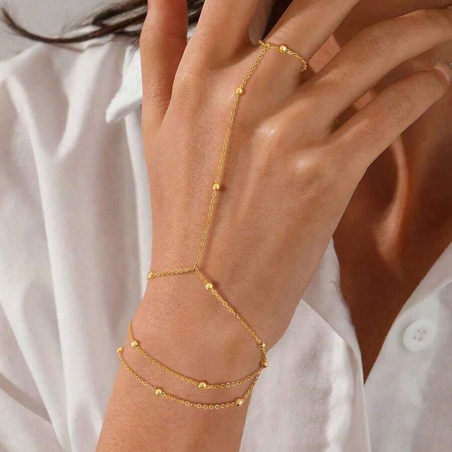 ANGOL Women's Elegant Gold Beaded Chain Bracelet - KC Gold Plated Exquisite Layered Jewelry, Suitable For Daily And Party Use, Versatile Fashion Accessory For All SeasonsJST 7LOD - 金色 - 查看 1