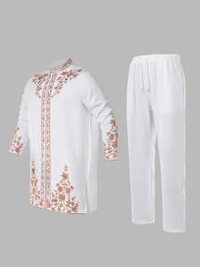 2pcs/Set New Men's White Dashiki Shirt, Vintage Palace Style, Golden Floral Embroidery, Mandarin Collar, Long Sleeve, Pockets, Elastic Waist Pants, African Clothing, Men's Casual Shirt & Pants Set, Suitable For Parties, Dates, Weddings, Daily Wear, Cultural Events, Traditional Ceremonies & Celebrations - 白色 - 查看 3