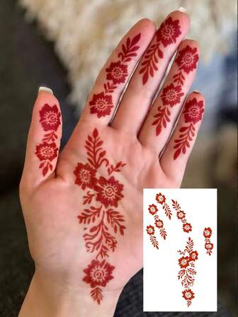 Waterproof, Sweatproof, Washable; One Piece Of Fashionable Red Floral Temporary Hand Tattoo For Girls, Lasting 3-7 Days