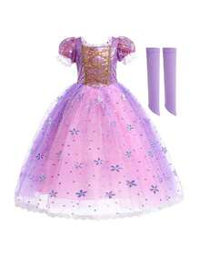 Girls Glowing Princess Dress, With Sleeves, Carnival Costume For Role Play (Batteries Not Included) - Lilac Purple - View 6