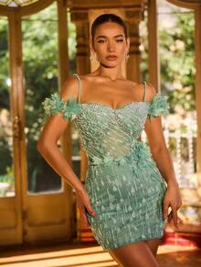 Faeriesty 女士优雅精致吊带珍珠装饰修身晚礼服，后背拉链修身正式礼服，饰有花卉贴花，适合婚礼招待会、黑领结晚宴、红毯活动、晚宴、正式晚宴、情人节、新年派对等春季场合。 - 綠色 - 查看 8