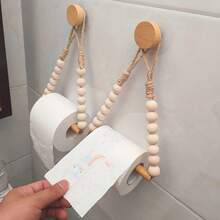 1/2pcs Rope Toilet Paper Holder, Personalized Bathroom Tissue Roll Dispenser, No Drilling Wall Mounted Toilet Paper Rack, Kitchen Hanging Paper Towel Holder With Wooden Beads Bathroom Accessories Bathroom Tools - Beige - View 3