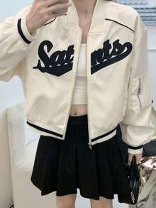 Jaket Varsity Wanita Bergaya Vintage dengan Bordir, Hiasan Huruf Warna Kontras, dan Resleting, Desain Baru, Jaket Lengan Panjang Longgar Pendek untuk Musim Semi. - Aprikot - View 2
