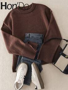 Jersey de punto acanalado sólido Hon'Do 2026, blusa de mujer, de moda casual y cómoda, de longitud regular, ligeramente elástico, de manga larga, adecuado para Navidad/Acción de Gracias/Días festivos/Oficina/Diario/Citas y viajes, también una opción ideal para el otoño/invierno de las mujeres