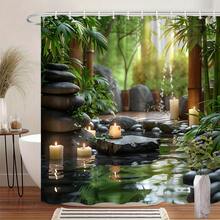 1pc Tranquil Garden Pond Shower Curtain - Nature-Inspired Design With Smooth Gray Stones, Glowing White Candles &  Bamboo, Durable Polyester Fabric, Machine Washable, 70.86x70.86 Inch, Includes 12 Hooks - Perfect Housewarming Gift For  Bathroom Decor DAFS - A - 查看 7