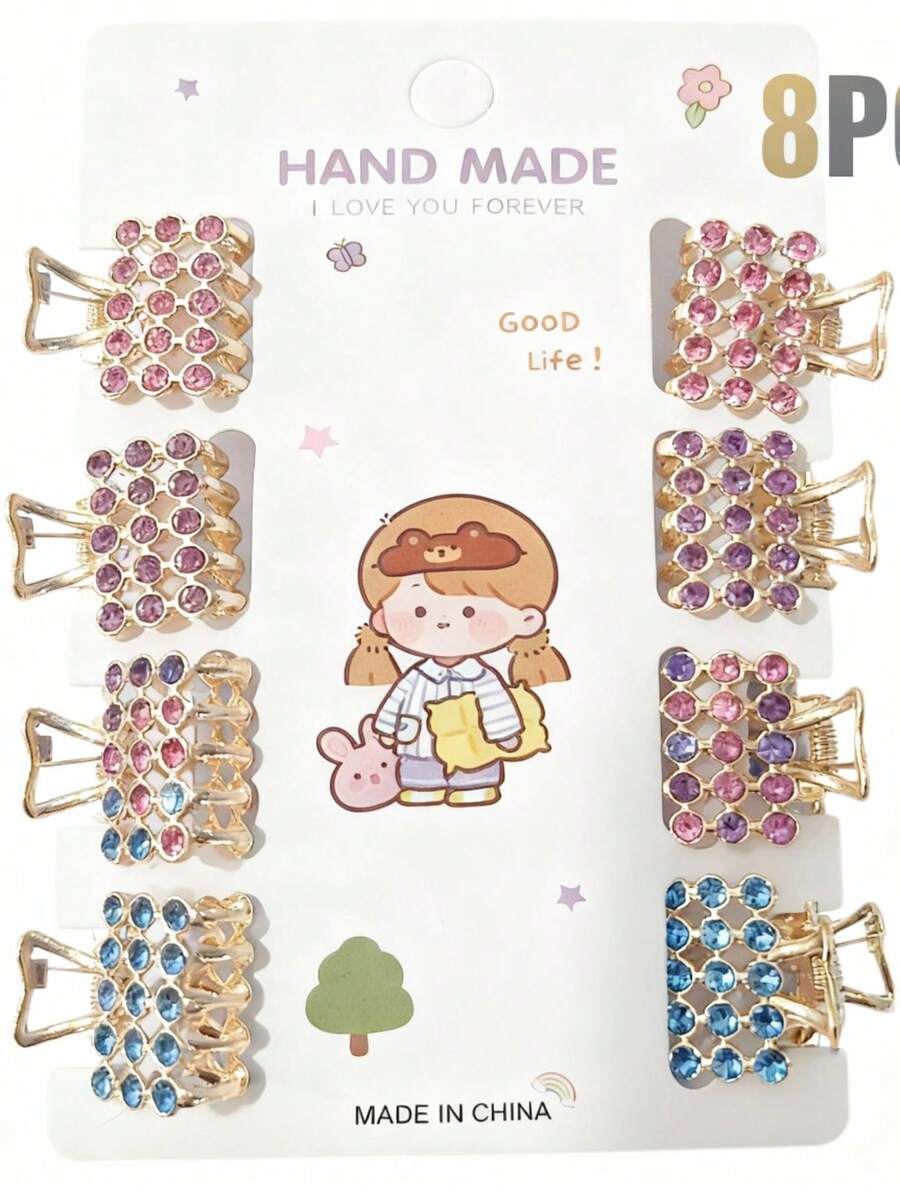8 chiếc kẹp tóc cao cấp đính pha lê hỗn hợp dành cho nữ - Chất liệu hợp kim sáng bóng, thanh lịch và đa năng, phù hợp để tết tóc/búi tóc mái/tóc con/sử dụng hàng ngày/mùa đông/đi học/dự tiệc. - Nhiều màu - Xem 1