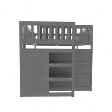Low Bunk Bed 140 X 200, Bunk Bed With Storage, High Railing Design, Wooden Bed, White - Gray + Wood + 140cm*200cm - View 4