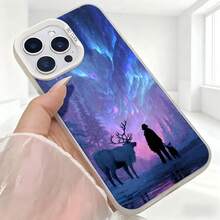 Cubierta de telefono para iPhone con diseño de ciervo y silueta en bosque mágico azul púrpura con efecto aurora boreal para uso diario en cafeterías y salas de estar - Negro - Ver 5