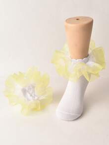 1 Pair Girls/Kids Ruched Hem Socks, Daily Wear Princess Baby Pleated Lace Trim Socks - Yellow - View 8