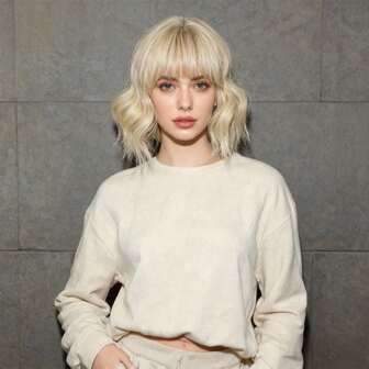 Synthetic Wigs Short Natural Wave Hair Wig For Women Party Daily Heat Resistant With Bangs Platium Golden Lolita