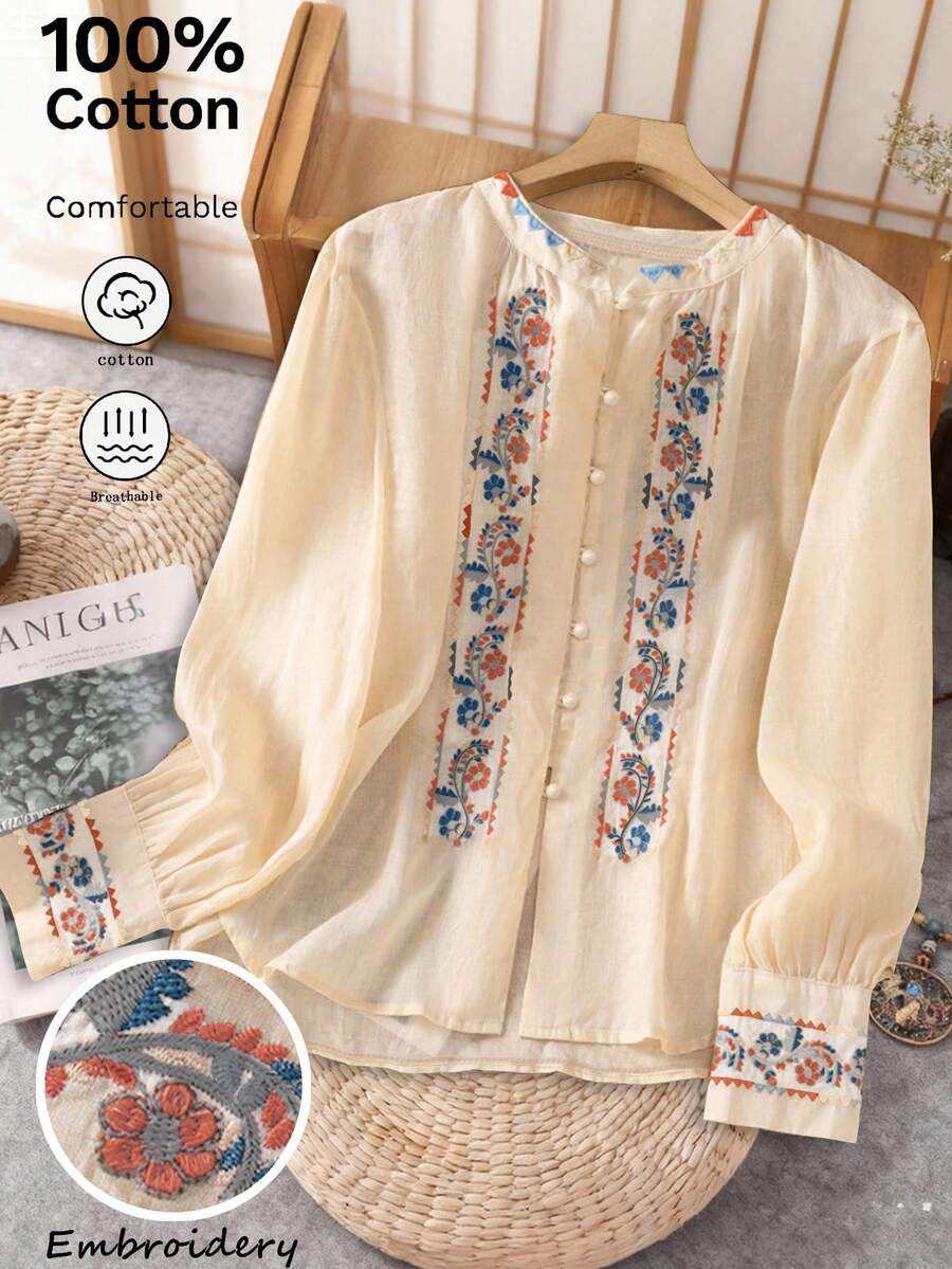 Women's Vintage Embroidered Loose Bohemian Style Blouse, Casual Cotton Top For Spring & Autumn - Apricot - View 1