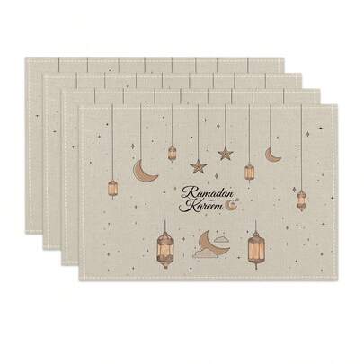 1/4/6pcs Moon Star Teapot Pattern Placemat Modern Style Linen Anti Slip Ramadan Decorative Table Mat Perfect For Eid Mubarak Holiday Party Muslim Home Decoration