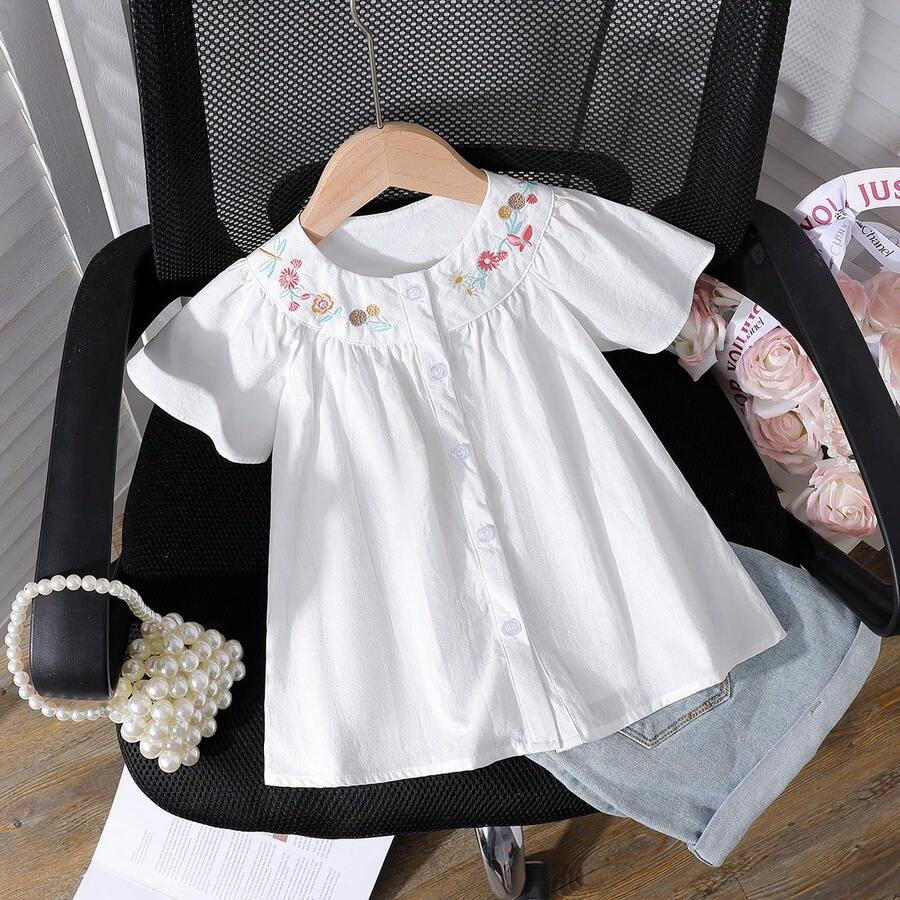Girls' Cotton Short Sleeve White Blouse - White - View 1