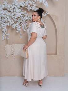 Women's Plus Size Midi Dress With Lined Square Neckline, Short Sleeves, Shoulder Tie, Padded Cups And Elastic Back In Duna Linen - Elegant Fashion Party Dress - 裸體 - 查看 5