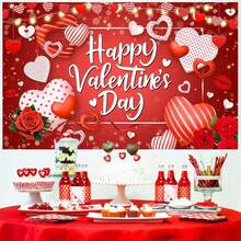 1pc Happy Valentine's Day Backdrop Banner Red Rose Valentines Day Background Heart Theme Photo Booth Props Banner For Valentines Day Party Decorations Supplies - Multicolor - View 2