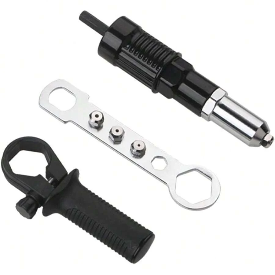Pop Rivet Gun Tool, Professional Cordless Riveter Adapter Kit Riveter Nut Tool Drill Attachment For Cordless Electric Power Drill (4 Threaded Head Sizes: 2.4/3.2/4.0/4.8mm) - Black - View 1