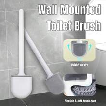 Set de perii de toaletă Thai Bno, rezistente, cu peri din silicon și suport - instalare fără găurire, sistem de curățare igienic pentru baie cu mâner lung, design alb/negru care economisește spațiu pentru rulote, barcă (cadru din plastic, multicomponentă)