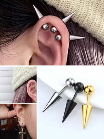 3件套朋克哥特风圆球尖头钛钢男女通用螺丝耳钉，时尚饰品礼品，几何图案