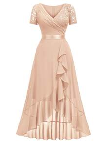 MIUSOL V-Neck Sequin Lace Contrast Chiffon Ruffle Trim Hem Elegant Evening Party Swing Dress - 香檳色 - 查看 7