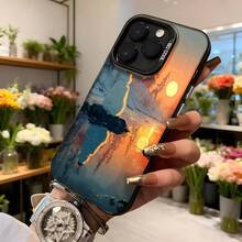 Cubierta de telefono con diseño de paisaje al atardecer color azul y naranja con reflejo en agua y texto CASETTO para uso diario y fotos esteticas Aplicable a los teléfonos de la serie Apple y Galaxy - Negro - Ver 6