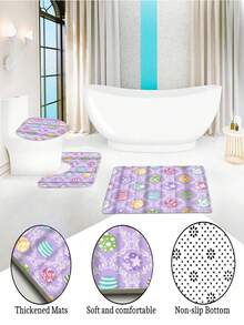 1/4 Piezas Juego de baño para el Día de San Valentín y Pascua, Decoración de baño de estilo moderno, Juego de cortina de ducha impermeable con 12 ganchos, Alfombra de baño antideslizante, Alfombrilla de baño en forma de U, Tapa de inodoro, Adecuado para regalo del hogar
