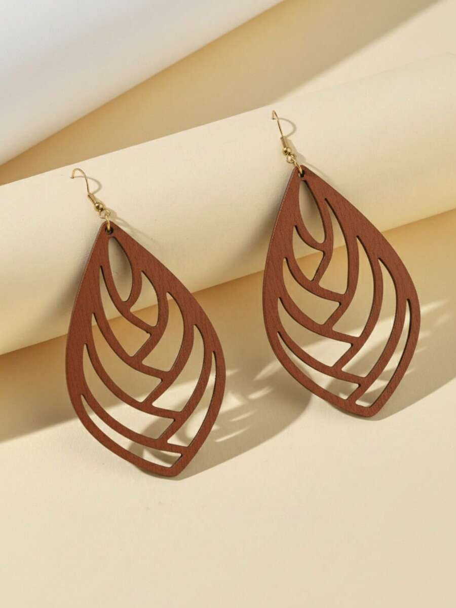 1 Pair Hollow Geometric Teardrop Bamboo Dangle Earrings For Women, Casual & Unique - Brown - View 1