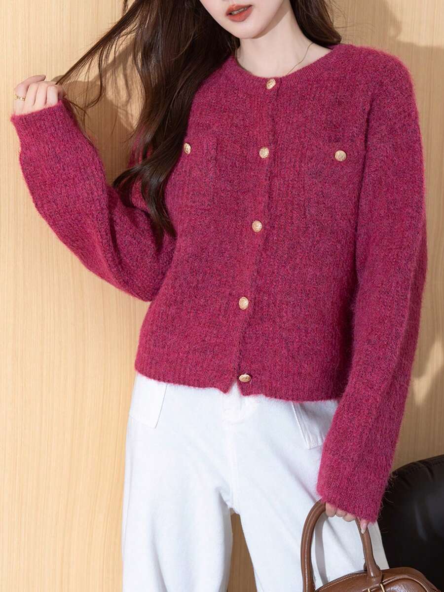 女士休闲圆领开衫,秋冬 - 玫紅色 - 查看 1
