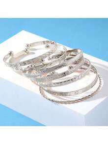 7pcs/Set Exaggerated Personalized Hammered Hexagram Twist Open Bangle Bracelet - Silver (7pcs) - View 3