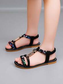 Girls' Sandals, New Summer Roman Shoes, Casual Flat Sandals, Toddler & Little Kid Soft Bottom Printed Open Toe Beach Shoes - Black - View 5