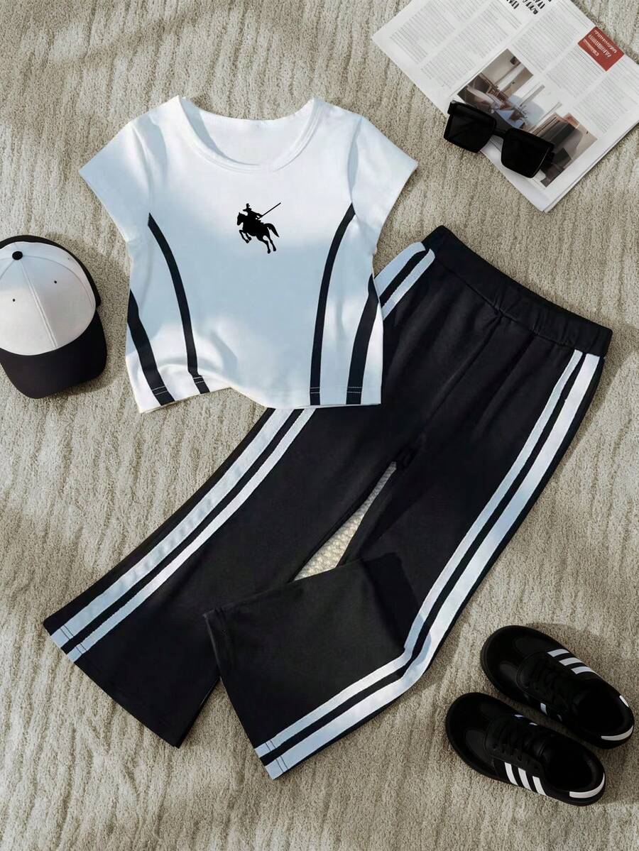 Young Girl Knight Print Round Neck Short Sleeve T-Shirt And Flared Pants Casual Outfit - White - View 1