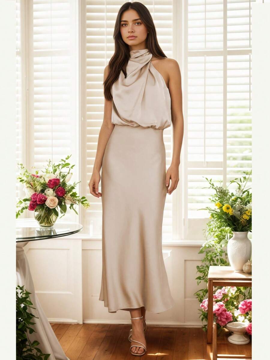 缎面高领无袖优雅晚礼服、鸡尾酒半正式礼服、生日礼服、婚礼宾客晚宴礼服、返校节派对礼服