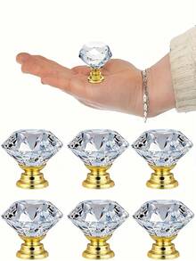 6pcs Diamond Crystal Glass Cabinet Drawer Knobs, Single Hole Cupboard Furniture Hardware, Diamond Design Crystal Glass Handles, Cabinet Knobs, Drawer Pulls, Kitchen Cabinet Handles, Furniture - Multicolor - View 2