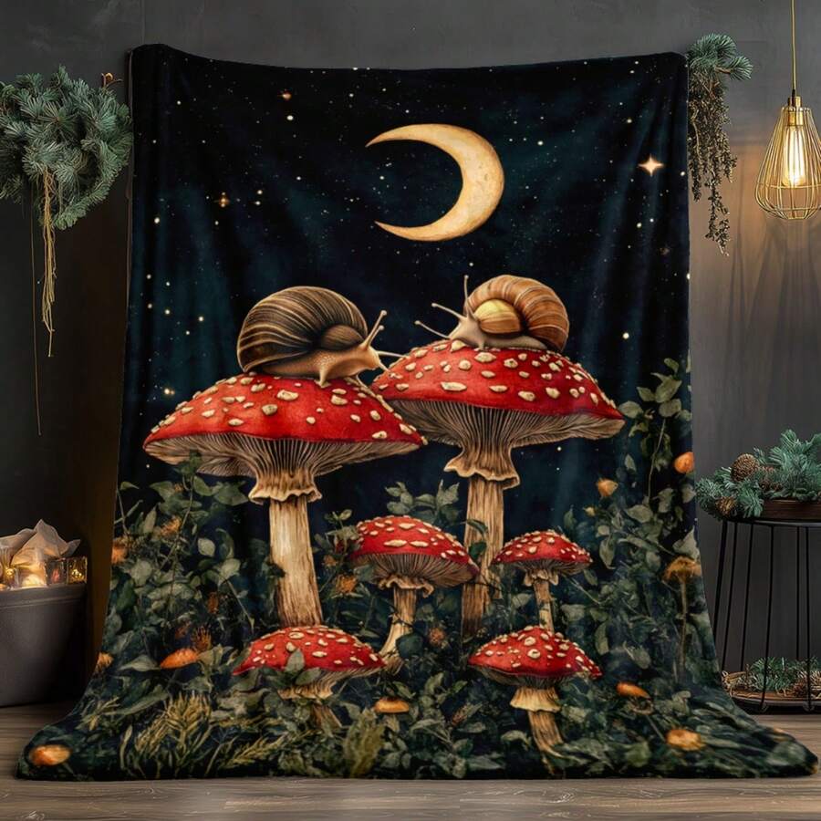1pc Enchanted Nighttime Mushroom & Snail Print Flannel Blanket - Soft, Lightweight, And Warm For Sofa, Bedroom, Living Room - Ideal Gift For Adults, Family, Or Friends, Perfect For Camping And Travel, Cozy Room Decor | Whimsical Design | Soft Flannel Fabric, Mushroom Decor-30*40in - Multicolor - View 1