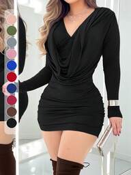 Women's Sexy V-Neck Bodycon Mini Dress, Solid Color, Adult Party Dress