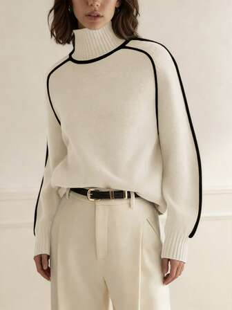 Parte superior de otoño casual, nueva llegada de moda, suéter de mujer estilo francés, bloque de color, de vuelta a la escuela, suéter de estilo callejero estadounidense, maestro, suéter de los 70, ropa para ir al trabajo, minimalismo, atuendo de oficina, vintage, simple, francés, suéter de otoño de dinero viejo, albaricoque, suéter de maestro, cuello alto, manga larga de hombro caído, suéter holgado de mujer de manga larga con bloque de color, adecuado para ropa de abrigo