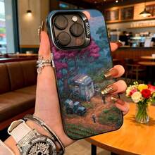 Cubierta de telefono con diseño de bosque mágico y camioneta azul color negro para iPhone 14 Pro Max estilo artístico para uso diario en cafeterias - Blanco - Ver 3