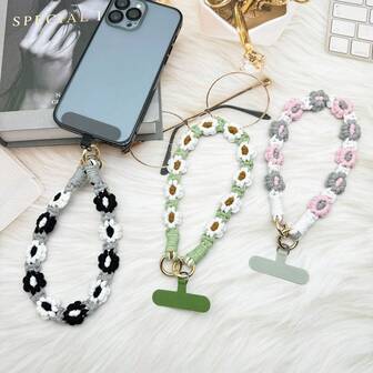 1pc Ins Style Woven Daisy Flower Phone Lanyard + Spacer Braided Keychain Bag Cup Hanging Decor