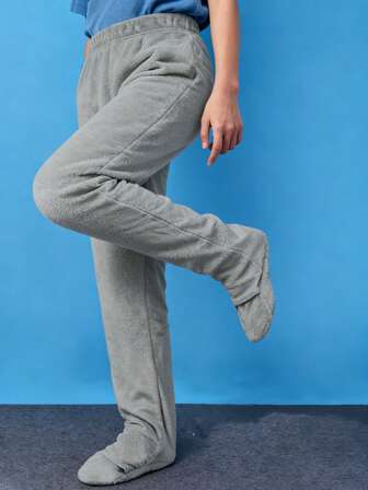 1 st unisex enfärgade fleecebyxor med hög midja och varma fötter, för kvinnor som nattkläder på hösten/vintern, för hösten/vintern, fluffiga, mysiga