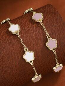 2 件简约时尚五瓣花形铜手链，适合女士，适合约会、毕业礼物、日常佩戴情人节 - 粉色 - 查看 6