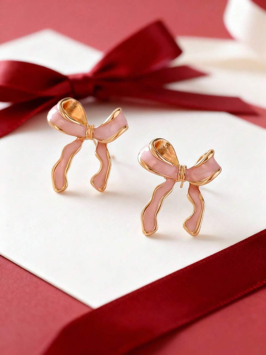 1 par de pendientes de aro con lazo rosa minimalistas y lindos, de diseño único, accesorios de joyería de moda y versátiles - Unitalla - Ver 1