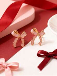 1 par de pendientes de aro con lazo rosa minimalistas y lindos, de diseño único, accesorios de joyería de moda y versátiles - Unitalla - Ver 3