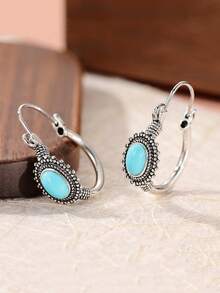 1 Pair Minimalist Blue Leaf Shaped Round Clip-On Earrings, Unique Design, Ideal Gift For Valentine's Day And Holidays - Silver - View 4