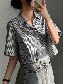 女式交叉不对称纽扣休闲短袖条纹衬衫 - 彩色 - 查看 3